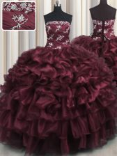 New Arrival Wine Red Ball Gowns Strapless Sleeveless Organza Floor Length Lace Up Appliques and Ruffles and Ruffled Layers Ball Gown Prom Dress