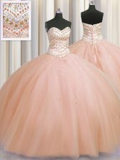  Bling-bling Really Puffy Peach Sweetheart Neckline Beading 15th Birthday Dress Sleeveless Lace Up