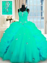 Elegant Turquoise Spaghetti Straps Neckline Beading and Ruffles Quinceanera Gown Sleeveless Lace Up