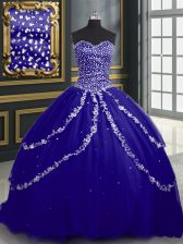  Sweetheart Sleeveless 15th Birthday Dress With Brush Train Beading and Appliques Blue Tulle