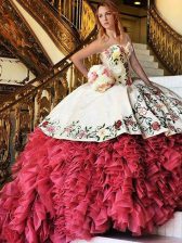 Colorful White and Red Sweetheart Lace Up Embroidery and Ruffles Quinceanera Dresses Brush Train Sleeveless