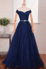 High Class Off the Shoulder With Train A-line Sleeveless Navy Blue Prom Evening Gown Brush Train Zipper