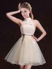  Halter Top Mini Length Lace Up Damas Dress Champagne for Prom and Party and Wedding Party with Lace and Belt