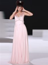 Fashion Floor Length Zipper Dress for Prom Baby Pink for Prom and Party with Beading