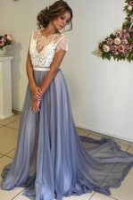 Glorious Court Train A-line Prom Gown Grey Scoop Chiffon Cap Sleeves Backless