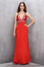 Customized Floor Length Criss Cross Evening Dress Coral Red for Prom and Party with Beading