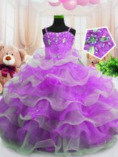 Beauteous Floor Length Purple Little Girls Pageant Gowns Organza Sleeveless Beading and Ruffled Layers