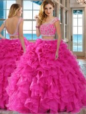 Decent Scoop Hot Pink Backless Sweet 16 Dresses Beading and Ruffles Cap Sleeves Floor Length
