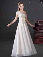 Best White Empire One Shoulder Sleeveless Chiffon Floor Length Zipper Lace and Bowknot Quinceanera Dama Dress