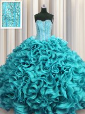 Super Visible Boning Aqua Blue Lace Up Sweetheart Beading and Ruffles Ball Gown Prom Dress Organza Sleeveless