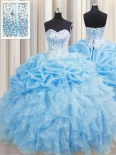 Noble Visible Boning Baby Blue Organza Lace Up Ball Gown Prom Dress Sleeveless Floor Length Beading and Ruffles and Pick Ups