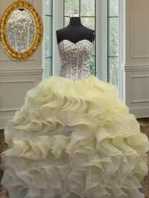  Beading and Ruffles Quinceanera Gowns Light Yellow Lace Up Sleeveless Floor Length