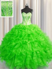  Visible Boning Beaded Bodice Sleeveless Floor Length Beading and Ruffles Lace Up Quinceanera Dress with 