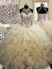 Fashionable Halter Top Sleeveless Tulle Floor Length Lace Up Quince Ball Gowns in Champagne with Beading and Ruffles