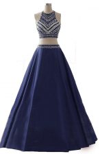 New Style Scoop Navy Blue Chiffon Zipper Prom Dress Sleeveless Floor Length Beading
