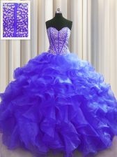 Visible Boning Purple Sweetheart Lace Up Beading and Ruffles Vestidos de Quinceanera Sleeveless