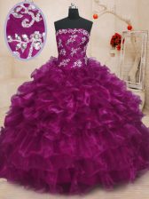 Glittering Strapless Sleeveless Organza 15th Birthday Dress Beading and Appliques and Ruffles Lace Up