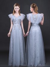 Suitable Grey Empire V-neck Short Sleeves Tulle and Lace Floor Length Zipper Appliques and Belt Evening Dress