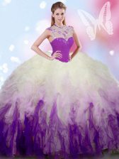 Fashionable High-neck Sleeveless Ball Gown Prom Dress Floor Length Beading and Ruffles White And Purple Tulle