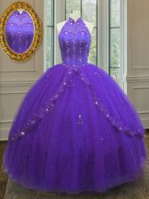 Cheap Floor Length Lace Up Quinceanera Gown Purple for Military Ball and Sweet 16 and Quinceanera with Beading and Appliques