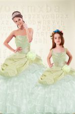 Affordable Yellow Green Organza and Taffeta Lace Up Sweet 16 Quinceanera Dress Sleeveless Floor Length Beading and Ruffled Layers and Hand Made Flower