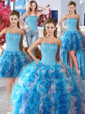 Artistic Four Piece White and Baby Blue Lace Up Sweetheart Beading Ball Gown Prom Dress Organza Sleeveless