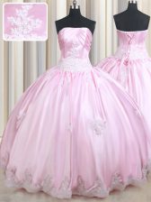  Baby Pink Quinceanera Dresses Military Ball and Sweet 16 and Quinceanera with Appliques Strapless Sleeveless Lace Up