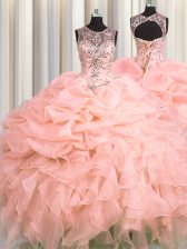  See Through Scoop Sleeveless Organza Sweet 16 Quinceanera Dress Beading and Ruffles and Pick Ups Lace Up