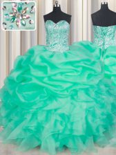 Spectacular Sleeveless Organza Floor Length Lace Up Vestidos de Quinceanera in Turquoise with Beading and Ruffles and Pick Ups
