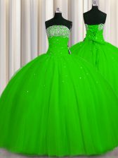 Romantic Big Puffy Ball Gowns Strapless Sleeveless Tulle Floor Length Lace Up Beading and Sequins Sweet 16 Quinceanera Dress