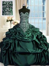 Sweetheart Sleeveless Quinceanera Gowns Floor Length Beading and Embroidery and Pick Ups Dark Green Taffeta