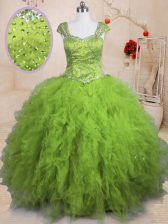  Tulle Short Sleeves Floor Length Quinceanera Gown and Beading and Ruffles