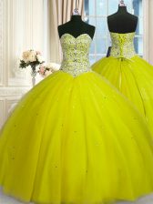 Luxury Yellow Green Lace Up Sweetheart Beading and Sequins Sweet 16 Dresses Tulle Sleeveless
