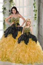 Best Yellow Sleeveless Floor Length Beading and Ruffles Lace Up Quinceanera Gown