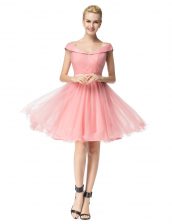 Glorious Off the Shoulder Tulle Cap Sleeves Knee Length Prom Party Dress and Belt