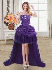  Purple Organza Lace Up Sweetheart Sleeveless High Low Prom Gown Beading and Appliques and Pick Ups
