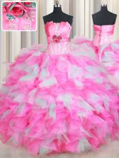 Spectacular Floor Length Pink And White Sweet 16 Dresses Organza and Tulle Sleeveless Beading and Ruffles and Hand Made Flower