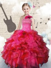  One Shoulder Floor Length Lace Up Pageant Gowns For Girls Hot Pink for Party and Wedding Party with Beading and Ruffles