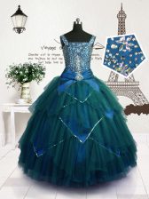  Sleeveless Tulle Floor Length Lace Up Little Girls Pageant Gowns in Teal with Beading and Belt