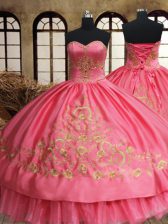 Sweet Pink Sleeveless Floor Length Beading and Embroidery Lace Up Sweet 16 Dresses