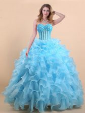 Hot Sale Organza Sleeveless Floor Length Quinceanera Gown and Appliques and Ruffles