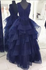 Super Navy Blue A-line Organza V-neck Sleeveless Beading and Appliques and Ruffles Floor Length Backless Prom Dresses