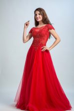 New Arrival Red A-line Bateau Cap Sleeves Tulle Floor Length Zipper Lace Prom Dresses