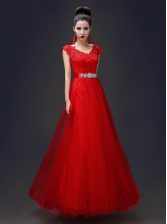 Flirting Scoop Red Lace Up Evening Dress Beading and Appliques Sleeveless Floor Length