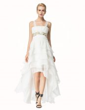 Simple White Sleeveless Beading High Low Dress for Prom