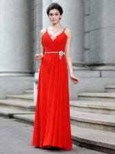  Floor Length Zipper Prom Dresses Coral Red for Prom and Party with Beading