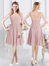 Attractive Scoop Pink A-line Lace and Ruching Court Dresses for Sweet 16 Zipper Chiffon Half Sleeves Knee Length