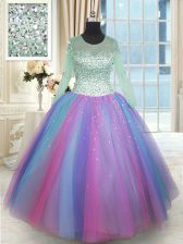  Scoop Long Sleeves Floor Length Beading Lace Up Ball Gown Prom Dress with Multi-color