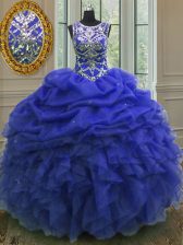 Artistic Scoop Royal Blue Ball Gowns Beading and Ruffles and Pick Ups Sweet 16 Quinceanera Dress Lace Up Organza Sleeveless Floor Length