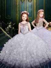 Lovely Ball Gowns Little Girls Pageant Gowns Grey Scoop Organza Sleeveless Floor Length Zipper